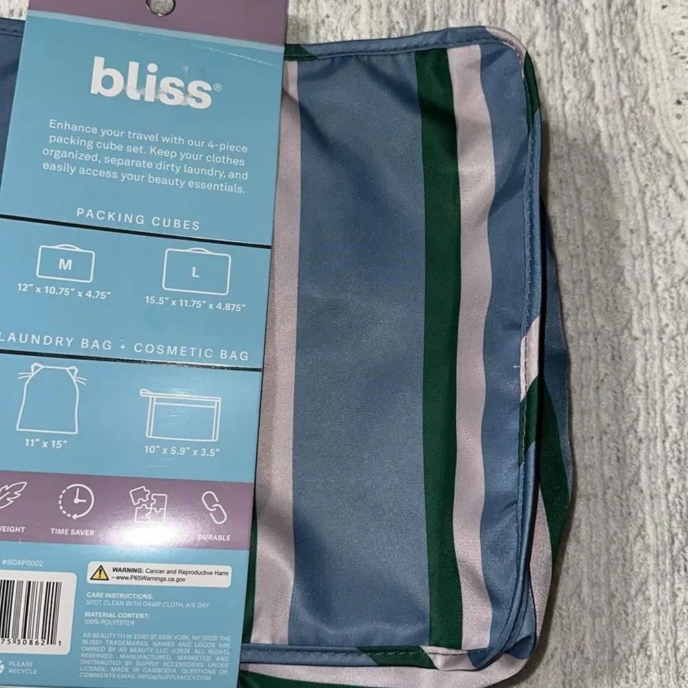 bliss Blue Green Blush Pink Mesh Stripe 4pc Travel Packing Cube Set